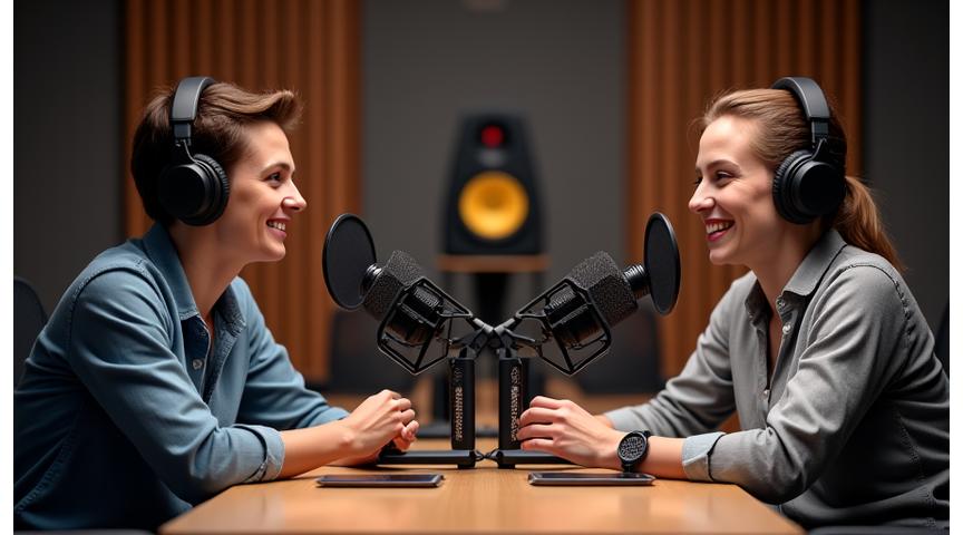 Sesiune de înregistrare podcast într-un studio profesional
