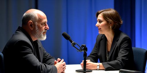Două persoane microfoane, având o discuție serioasă într-un studio de podcast