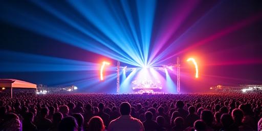 Scenă de festival cu spectacol de lumină și public numeros