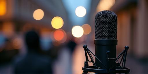 Microfon de podcast cu fundal urban bucureștean
