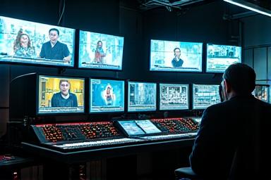 O sală de control pentru evenimente live, cu multiple monitoare afișând fluxuri video, panouri de control și operatori concentrându-se.