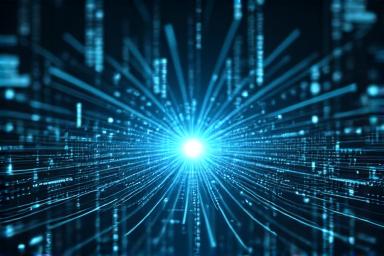 O imagine metaforică a fluxurilor de știri digitale care se unesc într-un singur ecran, reprezentând agregarea de știri online.