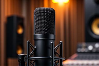 Microfon de podcasting de calitate superioară pe un stand, într-un studio de înregistrare modern, cu căști și echipament audio.